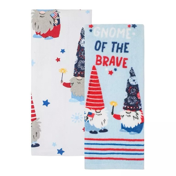 Set of 2 Gnome of the Brave Patriotic Kitchen Towels USA Red White Blue Flags - Picture 5 of 6